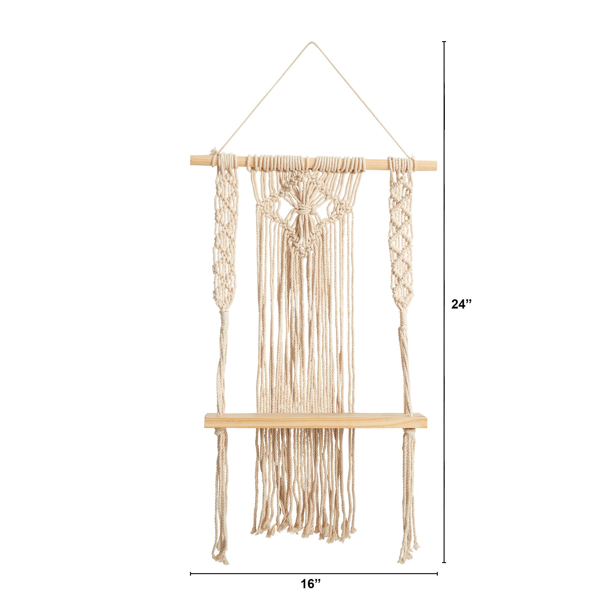 24" Boho Chic Wood Macrame Single Shelf Woven Diamond Wall Art Décor